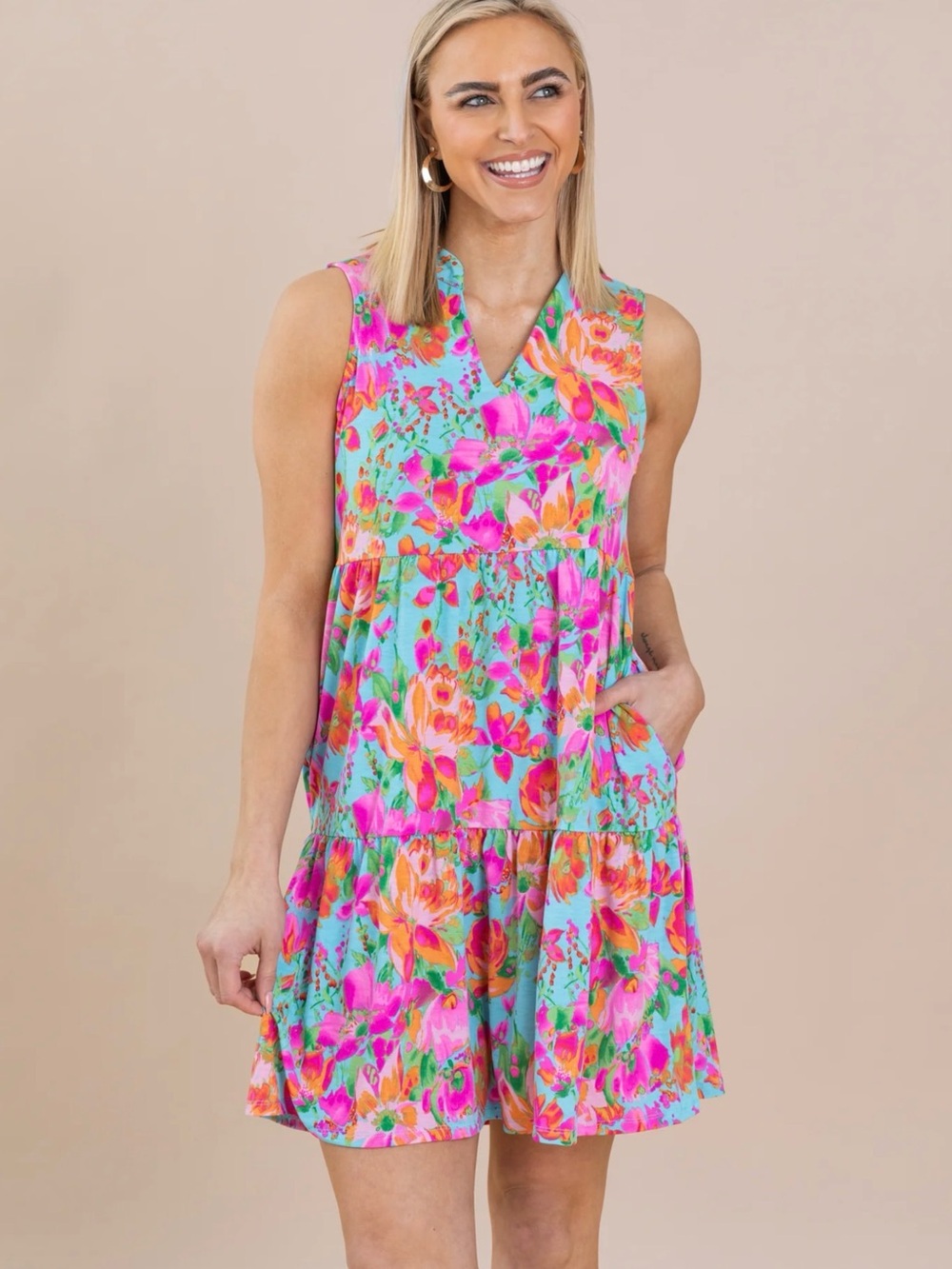 Sleeveless V-Neck Floral Mini Dress in Aqua and Pink